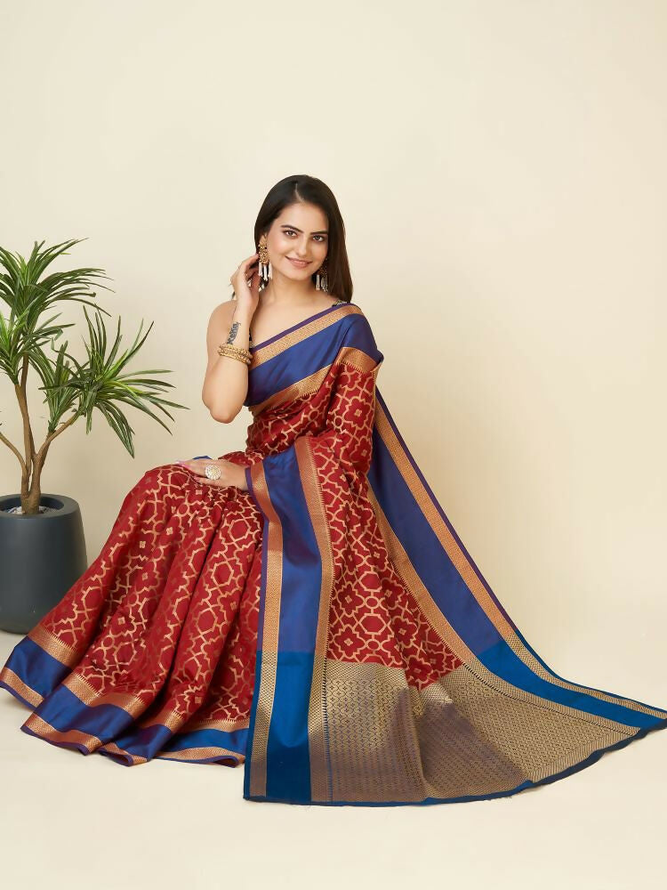 Joban Fashion Red Woven Design Lichi Silk Kanchipuram Saree