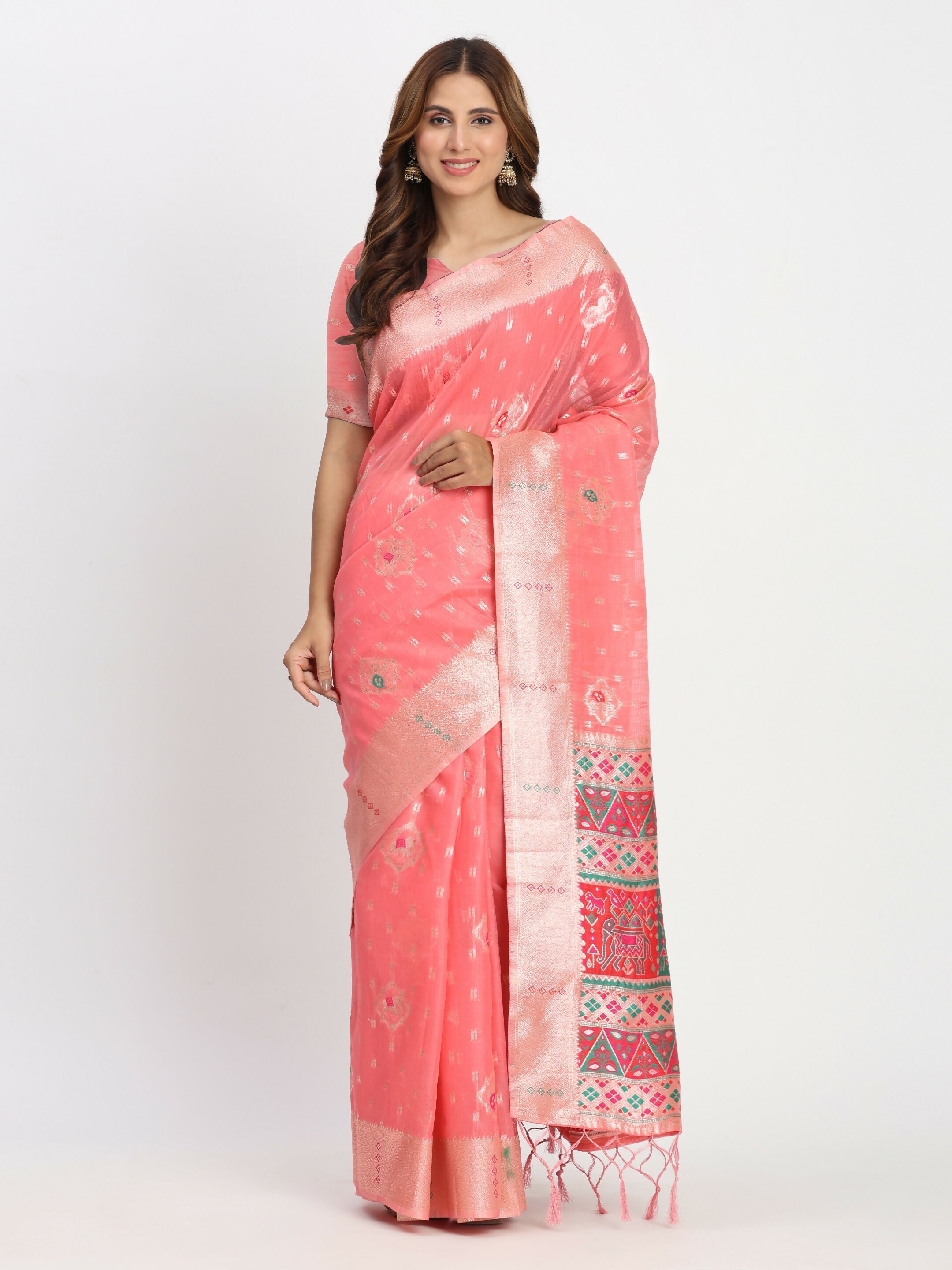 Shree Shyam Fashion Linen Cotton Peach Saree - Distacart