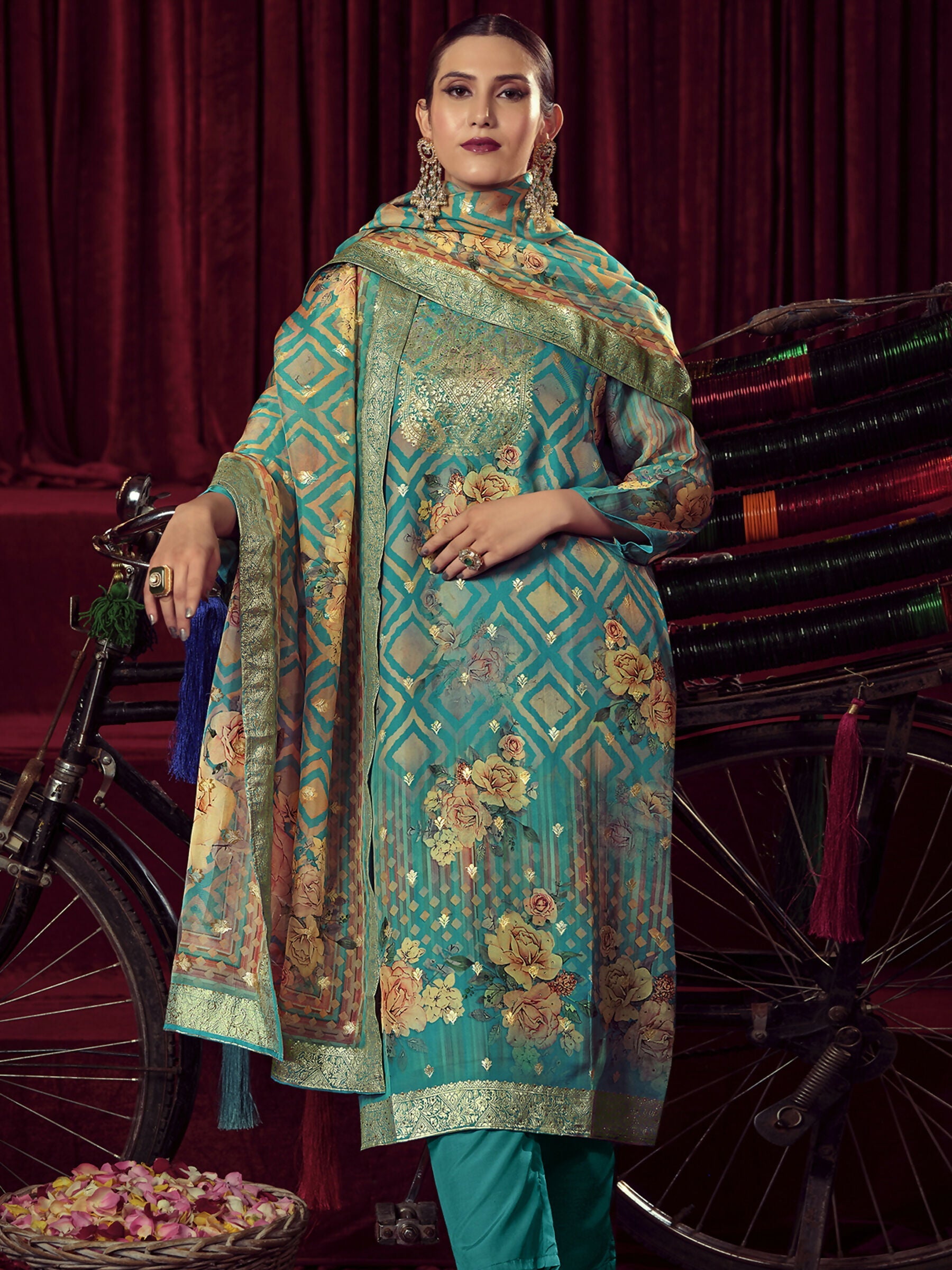 Jyoti Fashion Women's Turquiose Organza Jacquard Woven Kurta with Trouser & Dupatta