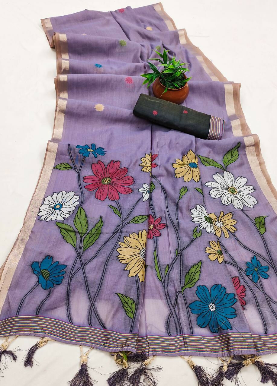 Vastranavya Lavender Muga Cotton Meenakari & Azarakh Pallu Saree with Contrast Blouse - Distacart