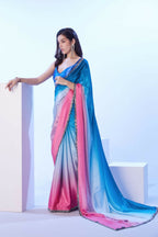 Blue Chinon Solid Designer & Lace Work Saree - Samaa