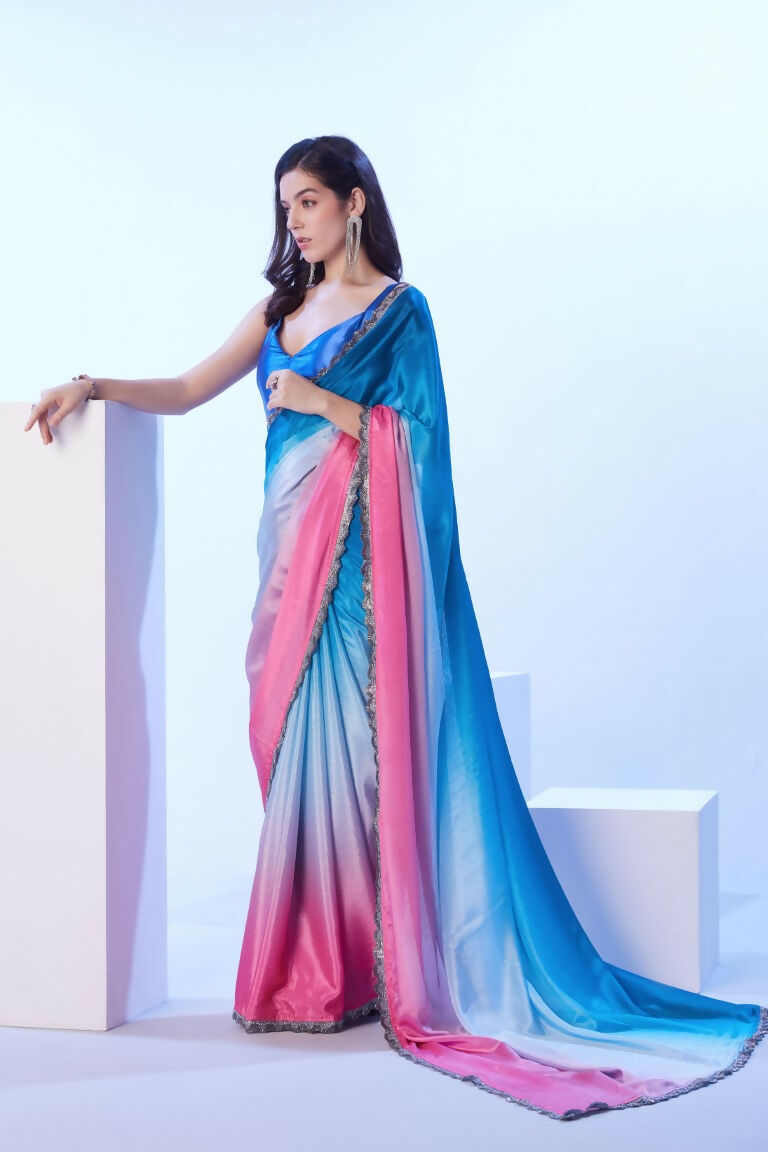 Blue Chinon Solid Designer & Lace Work Saree - Samaa