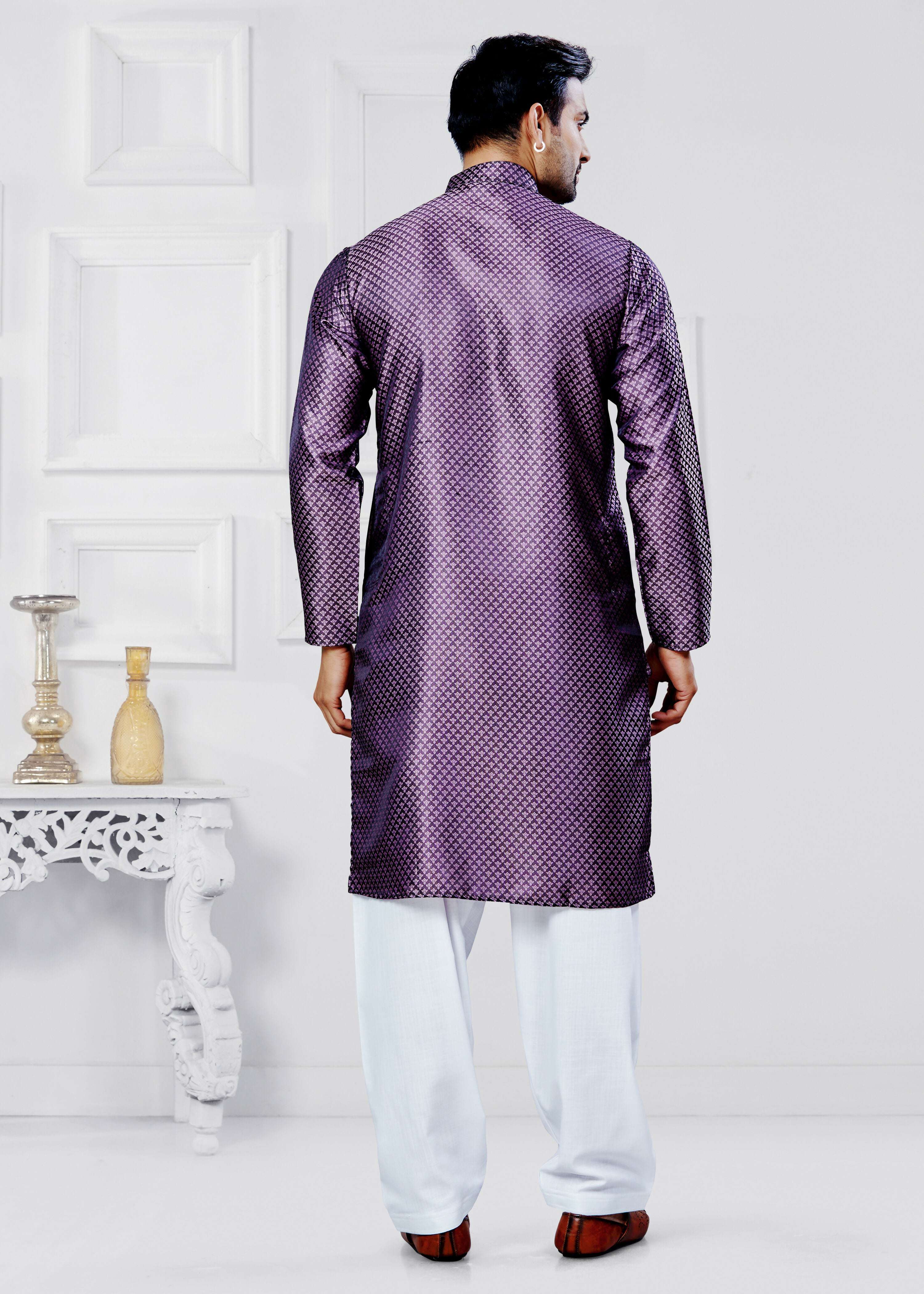 Joban Fashion Men's Jacquard Silk Purple Printed Kurta Pyjama set