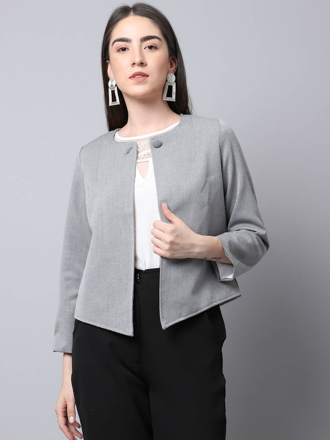 Even Apparels Grey Polywool Open Front Statement Women's Jacket