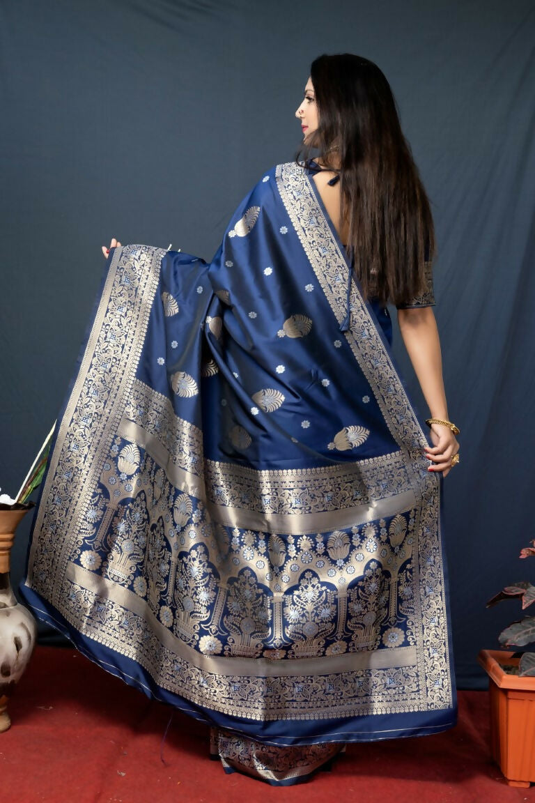 Jyoti Fashion Women's Navy Blue Paithani Silk Zari Woven Saree with Blouse - Distacart