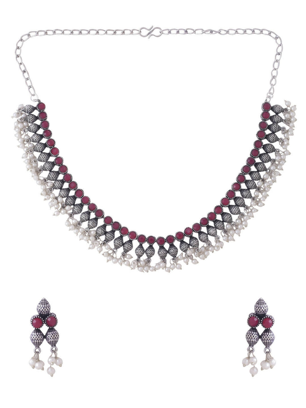 NVR Women Silver-Plated Stone Studded Oxidised Silver Jewellery Set