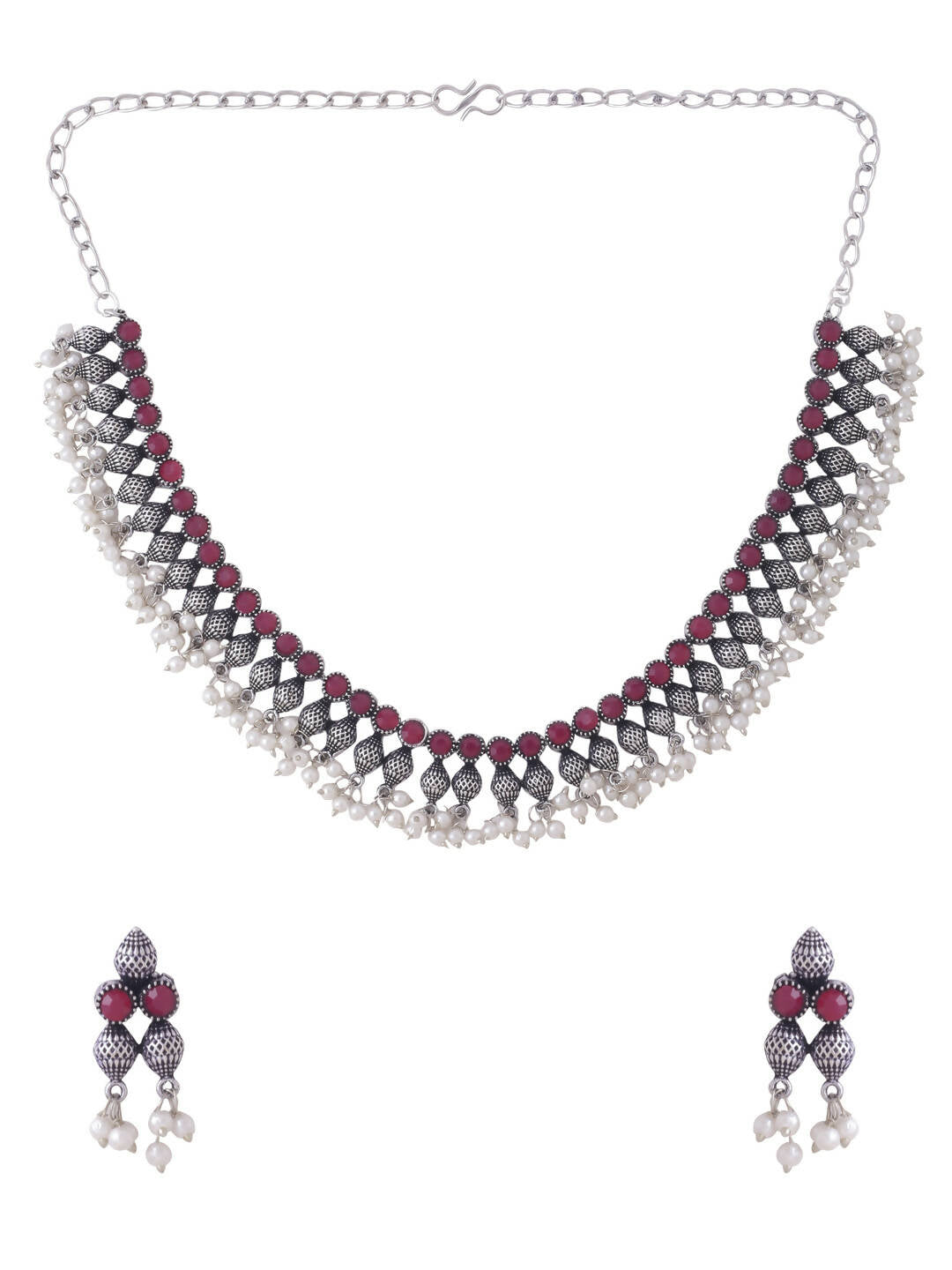 NVR Women Silver-Plated Stone Studded Oxidised Silver Jewellery Set