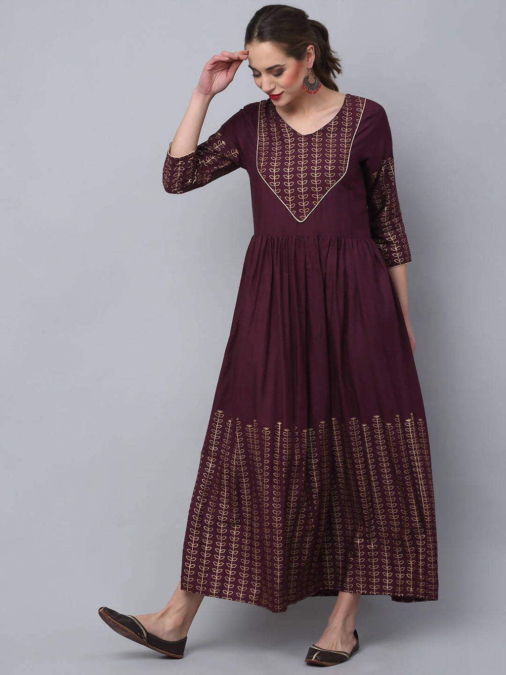 Rudra Bazaar Gold Printed A-Line Flared Brown Kurti - Distacart