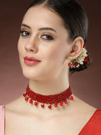 NVR Women's Red Artificial Beads Layered Necklace with Drop Earring