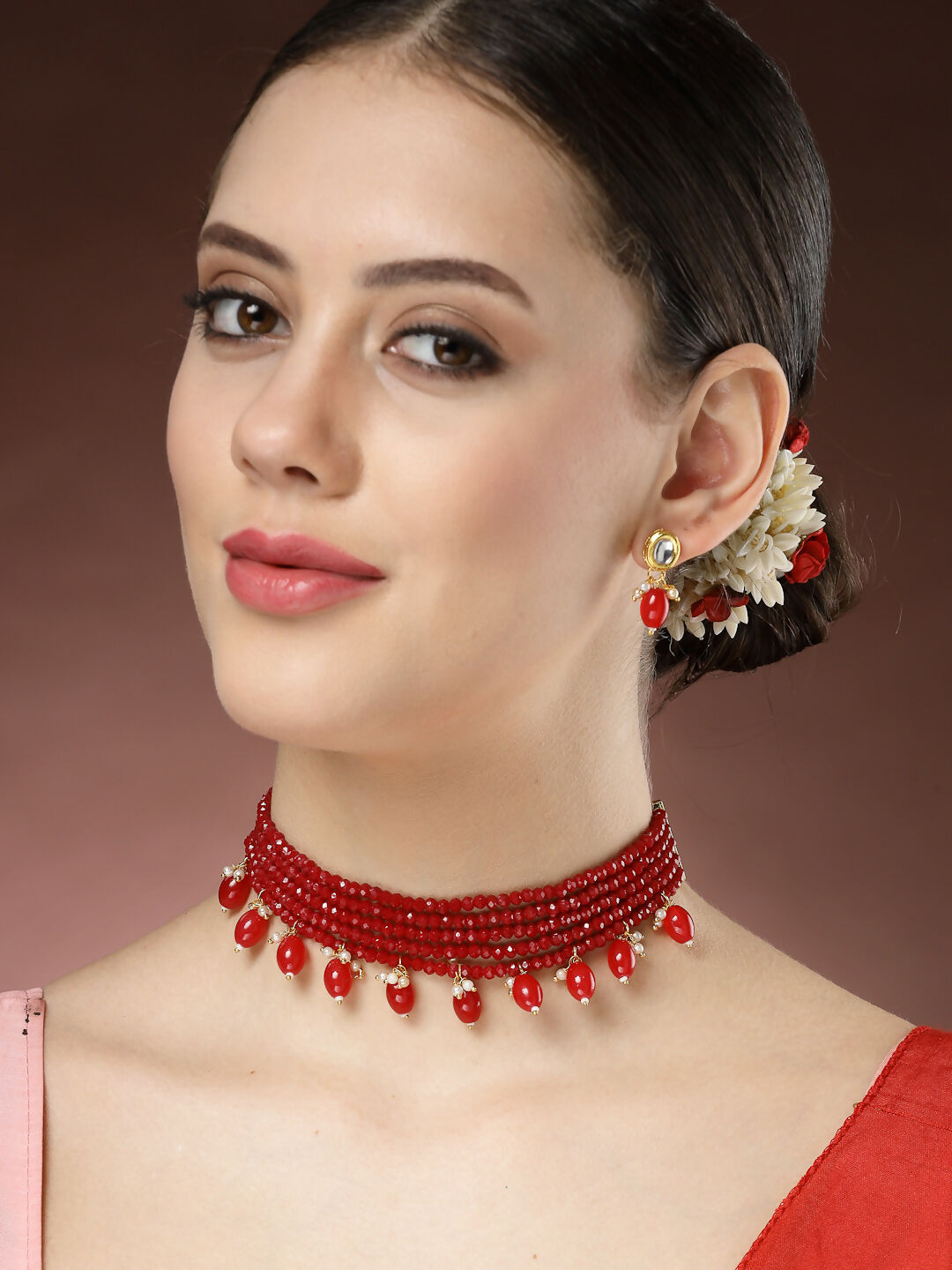 NVR Women's Red Artificial Beads Layered Necklace with Drop Earring