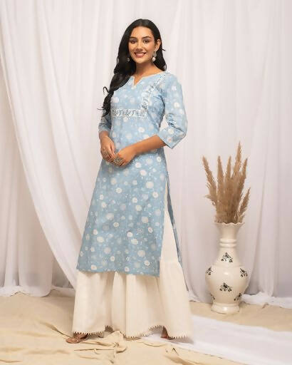 FIORRA Women's Floral Printed Sky Blue Cotton Straight Kurta