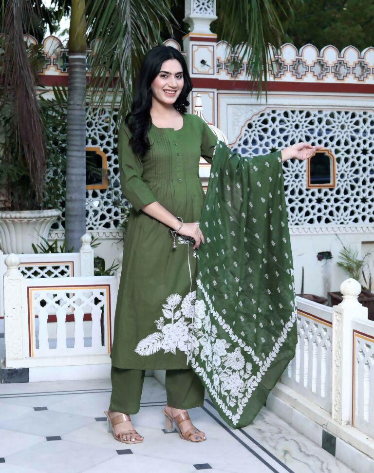 Miravan Women's Mehandi Pintucks Floral Pattern Cotton Straight Kurta with Palazzo And Floral Dupatta Set