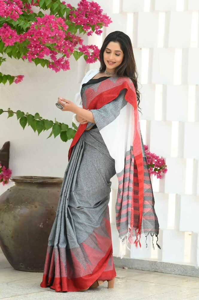 Beatitude Grey Temple Border Cotton Saree