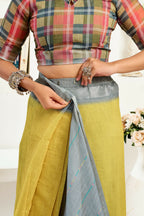 Joban Fashion Grey  Striped Linen Ready To Wear Saree With Unstitched Blouse - Distacart