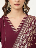 FIORRA Women's Purple Poly Crepe A-Line Kurta Pant With Dupatta
