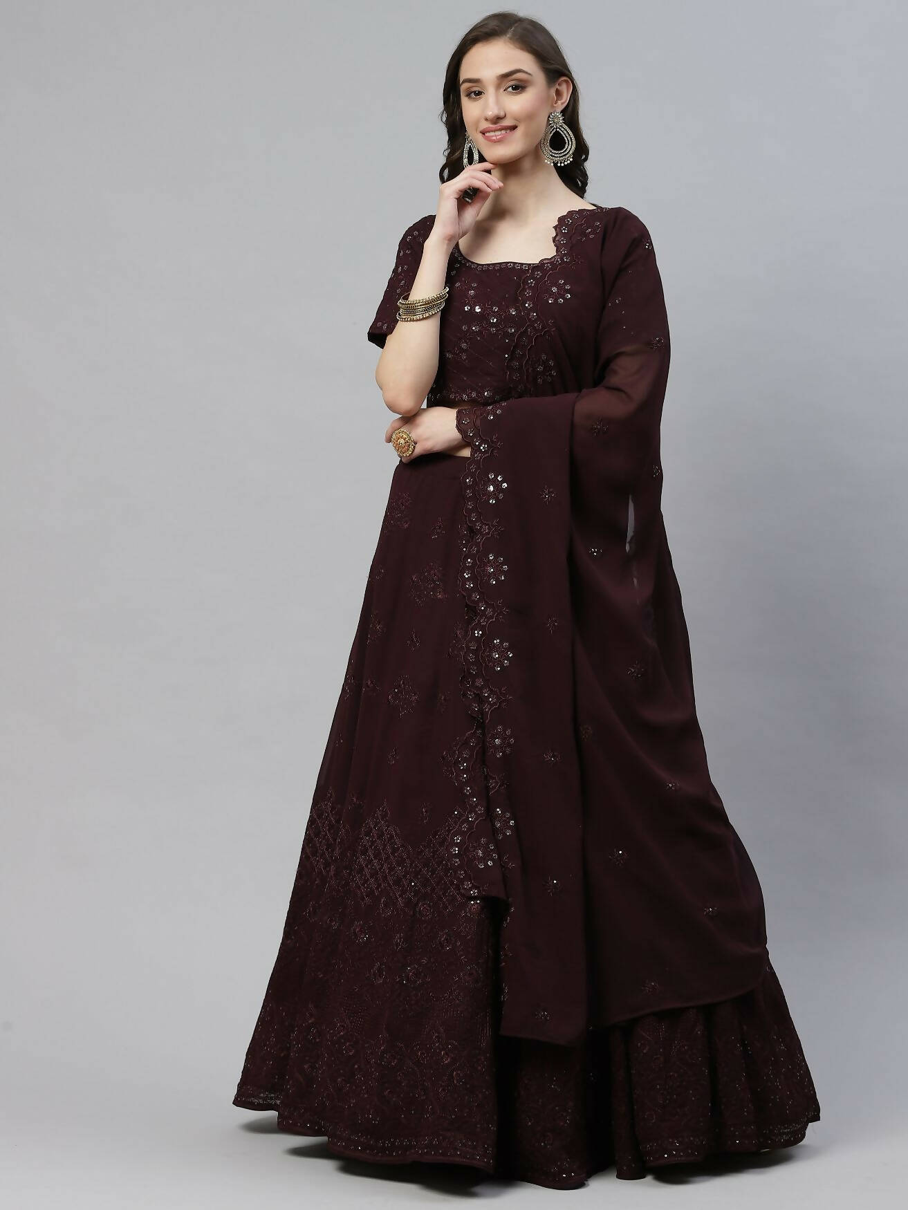 Purple Georgette Thread with Sequins Embroidered work Lehenga Choli with Dupatta - Jivika