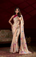 Vastranavya Cream Satin Silk Floral Printed with Pearl Lace Saree with Unstitched Blouse - Distacart