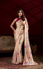 Vastranavya Cream Satin Silk Floral Printed with Pearl Lace Saree with Unstitched Blouse - Distacart