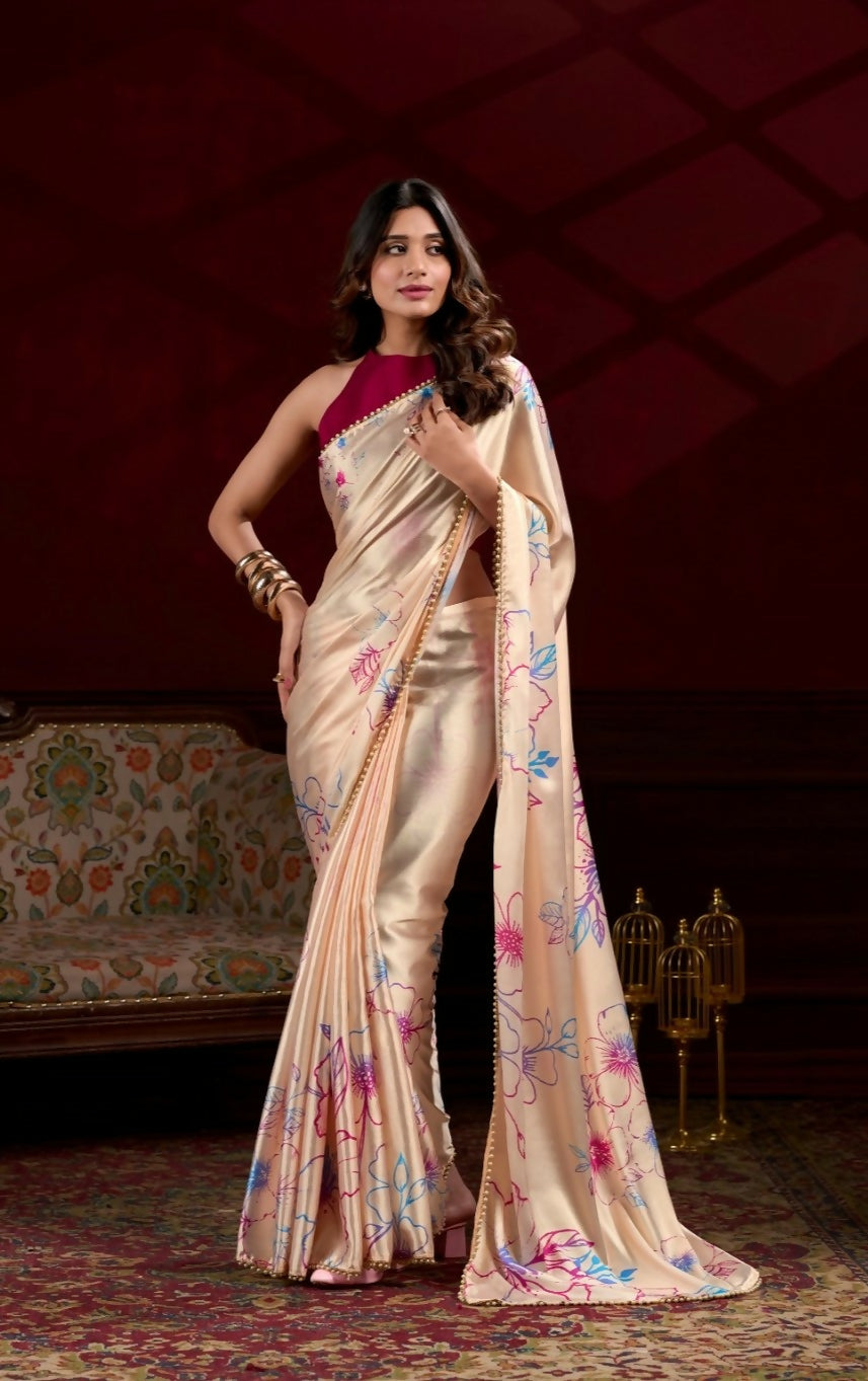 Vastranavya Cream Satin Silk Floral Printed with Pearl Lace Saree with Unstitched Blouse - Distacart