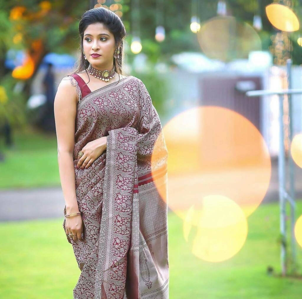 DEIANA'S Beautiful Designer Golden zari Soft Lichi Silk Saree - Wine