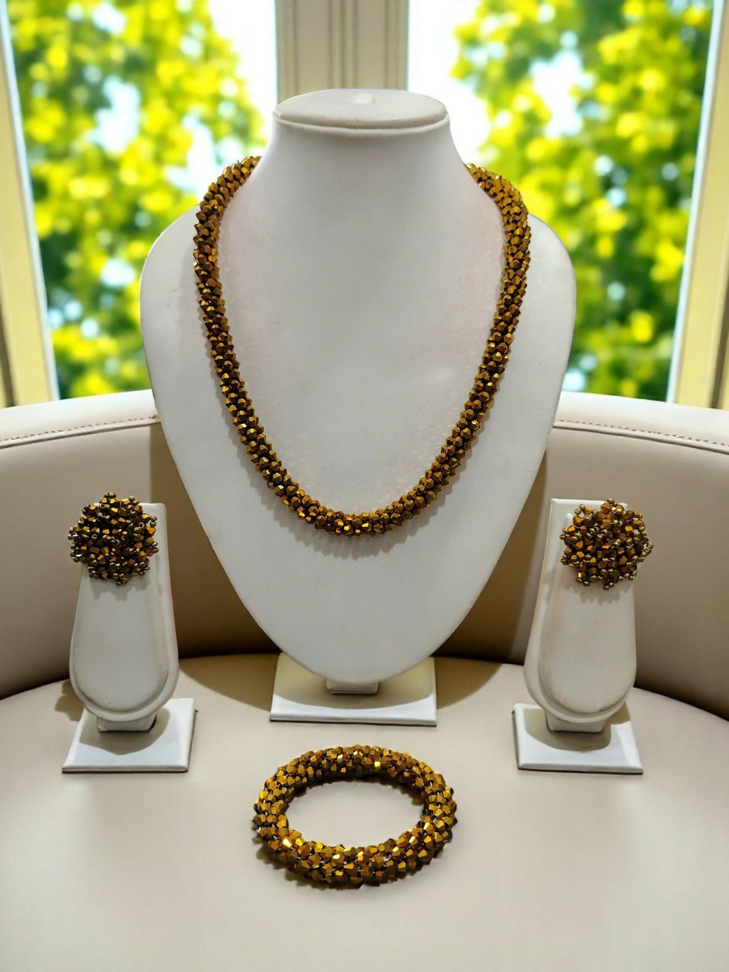 Inhanns Complete Look Crystal Statement 3-Piece Set (Adjustable Necklace + Earrings + Adjustable Bangle ) - Gold