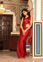 Red Tom Silk Plain Ready To Wear Saree With Stitched Blouse - Satiksha