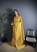 Joban Fashion Golden Yellow Banarasi Soft Lichi Silk Checks & Woven Saree - Distacart