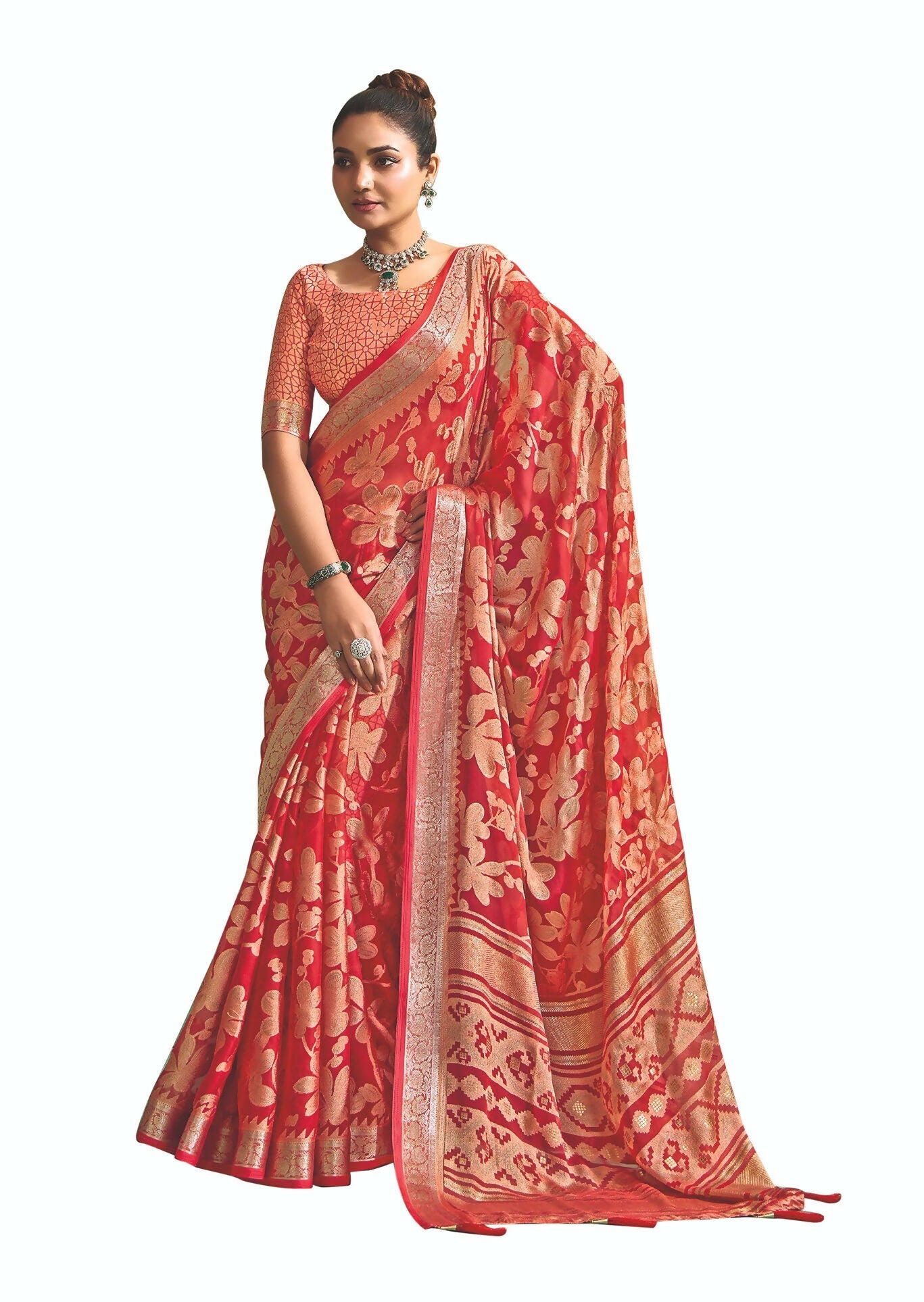 Joban Fashion Redbull Moss Brasso With Kasab Zari Border Saree & Tassels With Brasso Blouse - Distacart