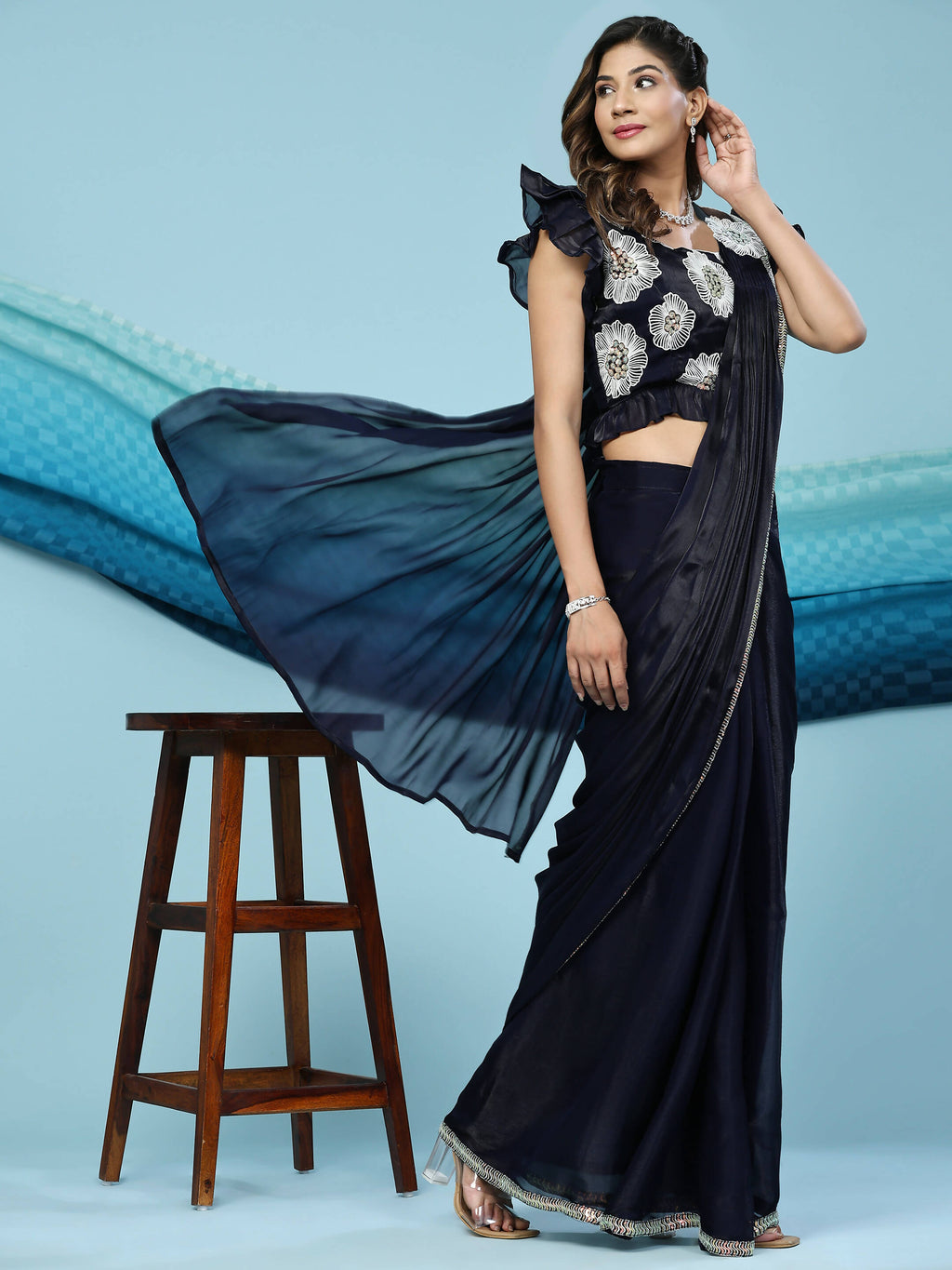 Black Silk Satin Sequence Work Ready to Wear Saree with stitched Blouse - Nirvana