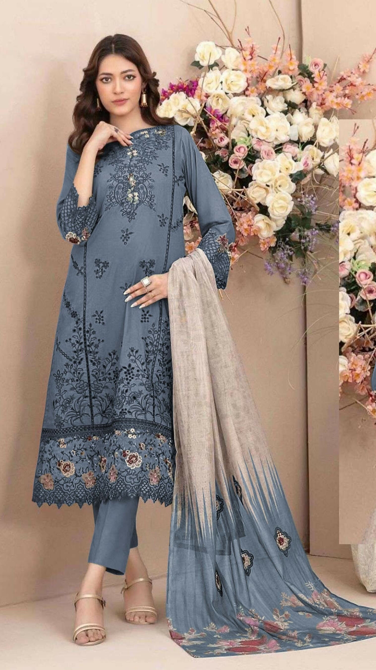 Anaita D Blue Cambric Cotton Stitched Suit with Embroidery & Sequence Work - Distacart