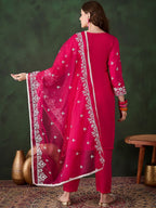 Sangria Pink Floral Embroidered Thread Work Pure Cotton Kurta & Trousers & Dupatta