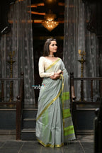 Very Much Indian VMI Exclusive Designer! Handloom Cotton Silk Saree With Sleek Golden Border - Sage Grey