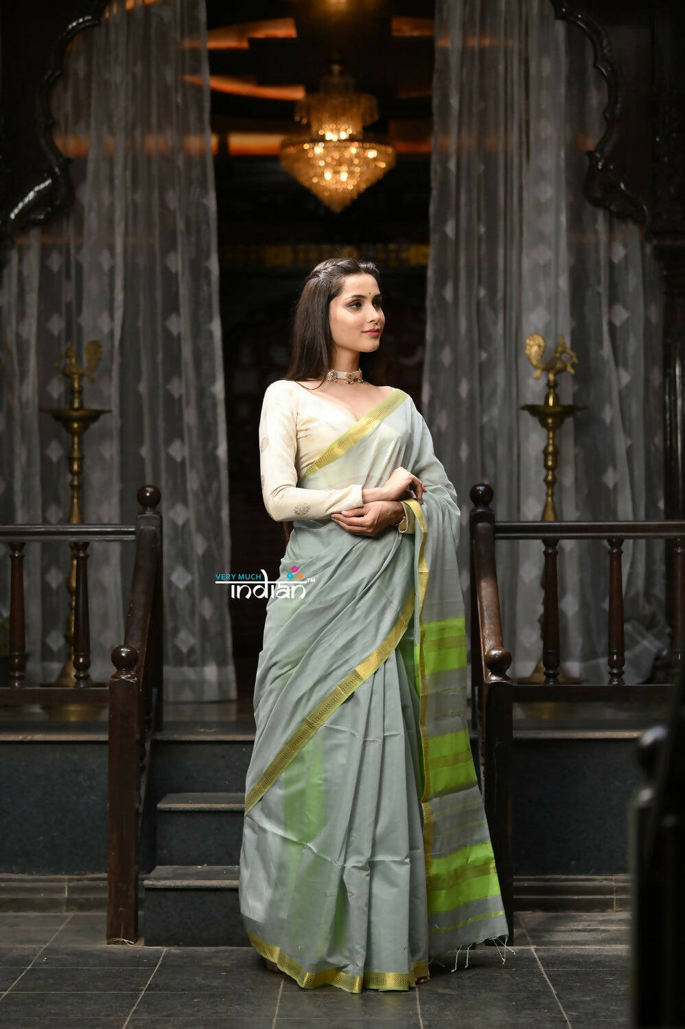Very Much Indian VMI Exclusive Designer! Handloom Cotton Silk Saree With Sleek Golden Border - Sage Grey