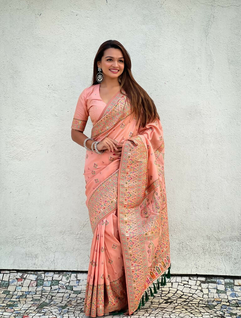 Peach Pashmina Silk Wevon Kashmiri Meenakari Designer Saree with Unstitched Blouse - Vandini