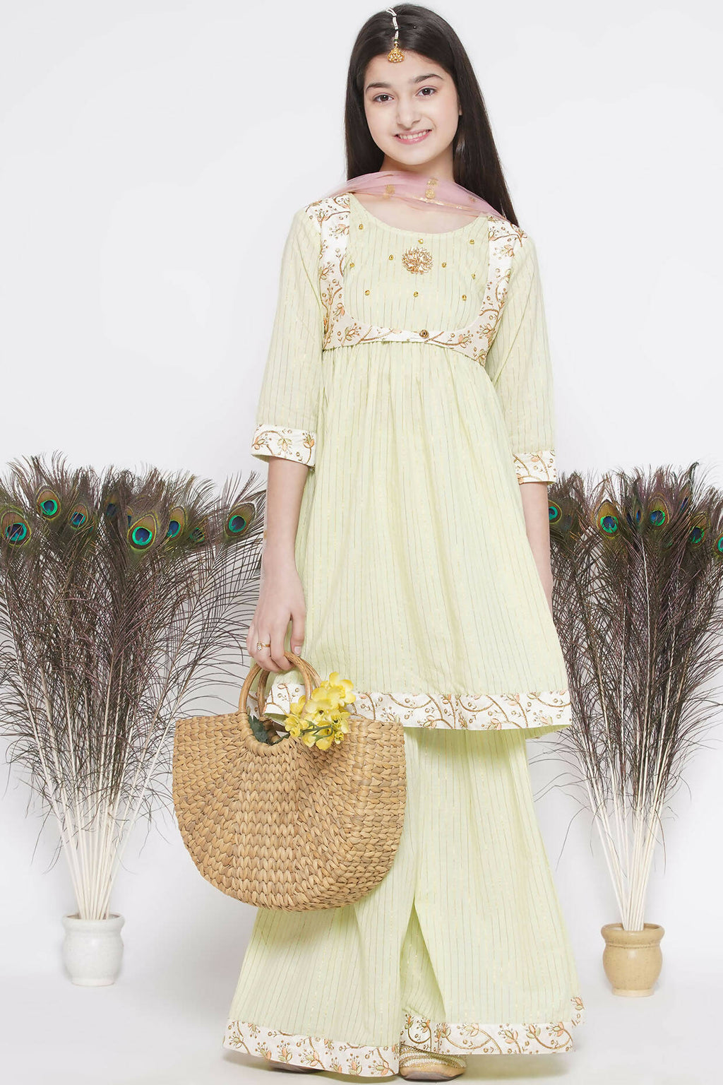 Little Bansi Floral Embroidery Jacket With Cotton Lurex Frock Sharara And Dupatta With Ghungroo Handwork - Bottle Green