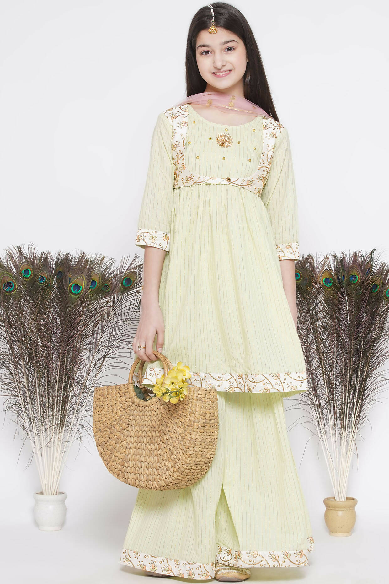 Little Bansi Floral Embroidery Jacket With Cotton Lurex Frock Sharara And Dupatta With Ghungroo Handwork - Bottle Green