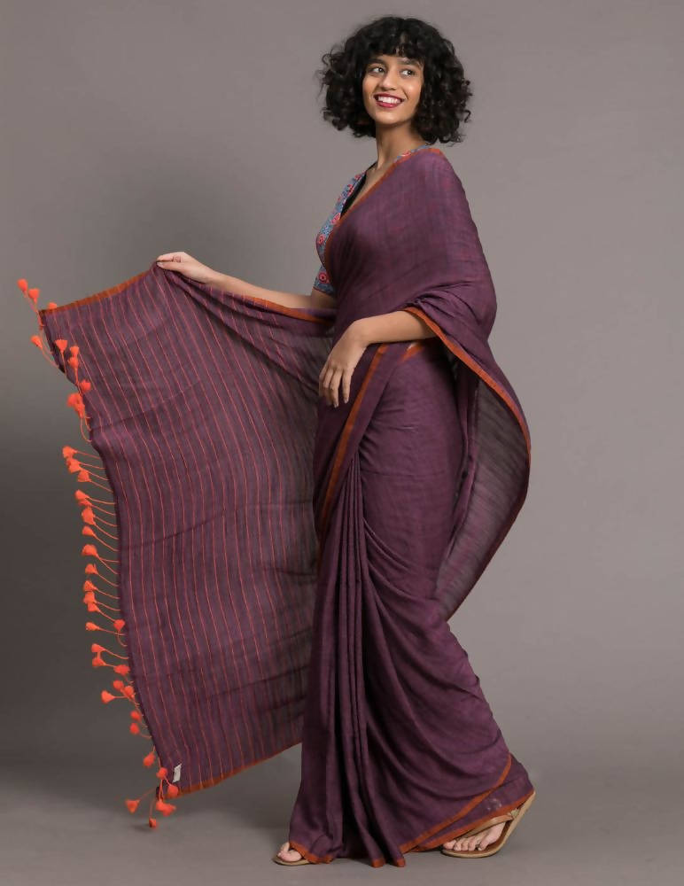 Suta Purple Orange Solid Cotton Blend Saree - Distacart