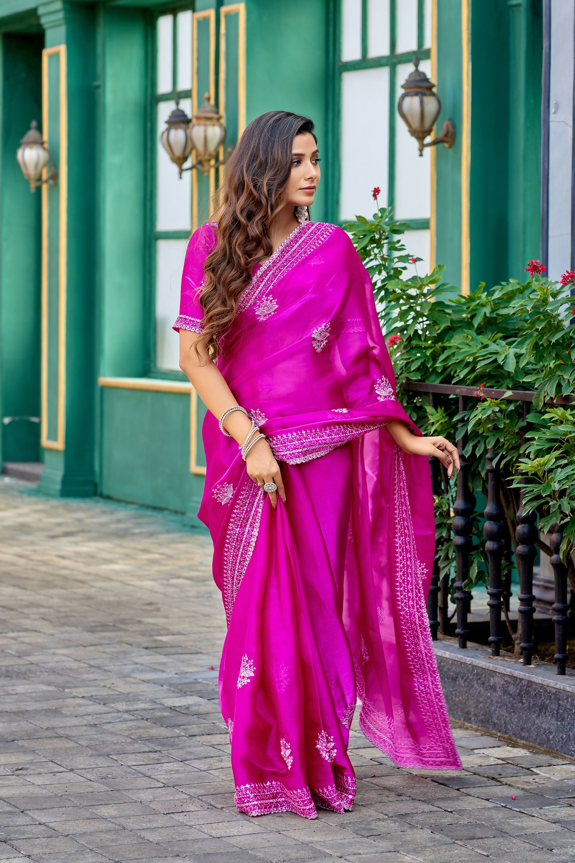 Vastranavya Pink Embroidery Work Shimmer Chiffon Saree with Unstitched Blouse - Distacart