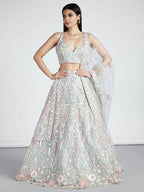 House of Panchhi Lime Green Net Sequins And Thread Embroidery Lehenga Choli & Dupatta