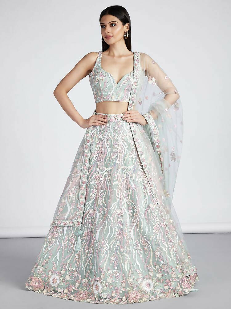 House of Panchhi Lime Green Net Sequins And Thread Embroidery Lehenga Choli & Dupatta