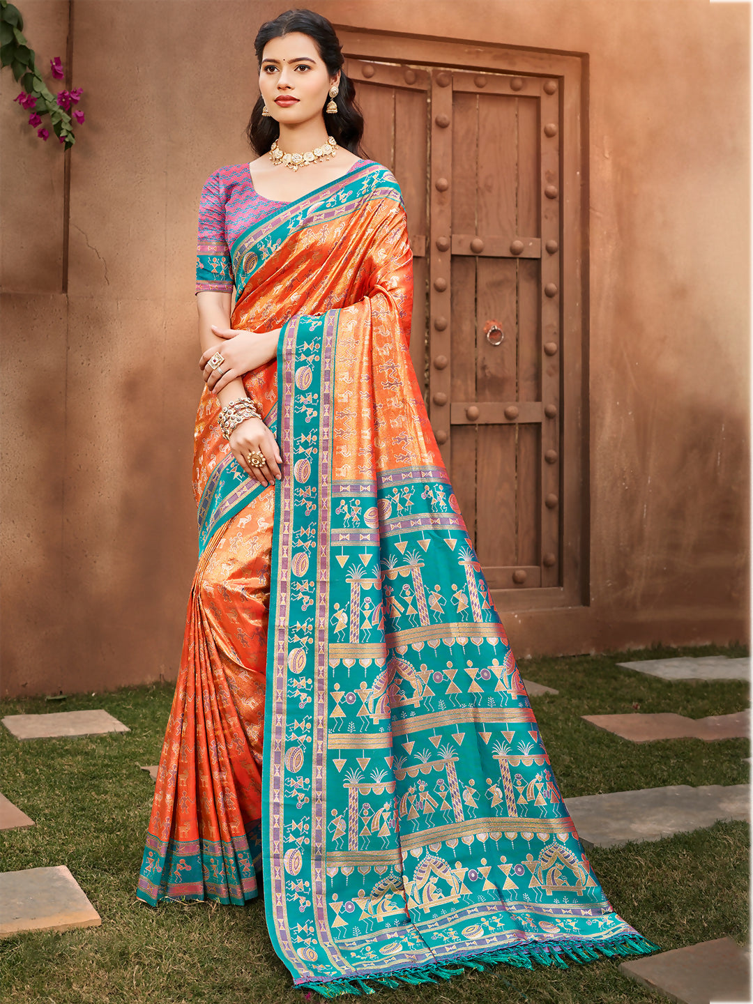 Sangam Prints Orange Kanjivaram Silk Woven Work Traditional Saree