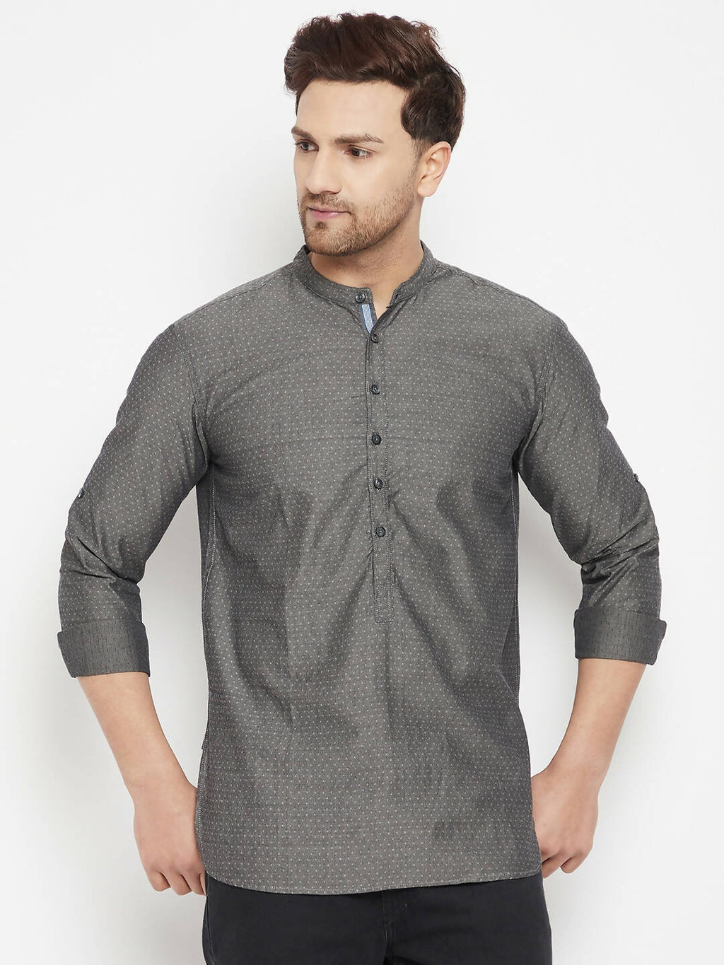 Even Apparels Grey Pure Cotton Short Men's Kurta With Band Collar - Distacart