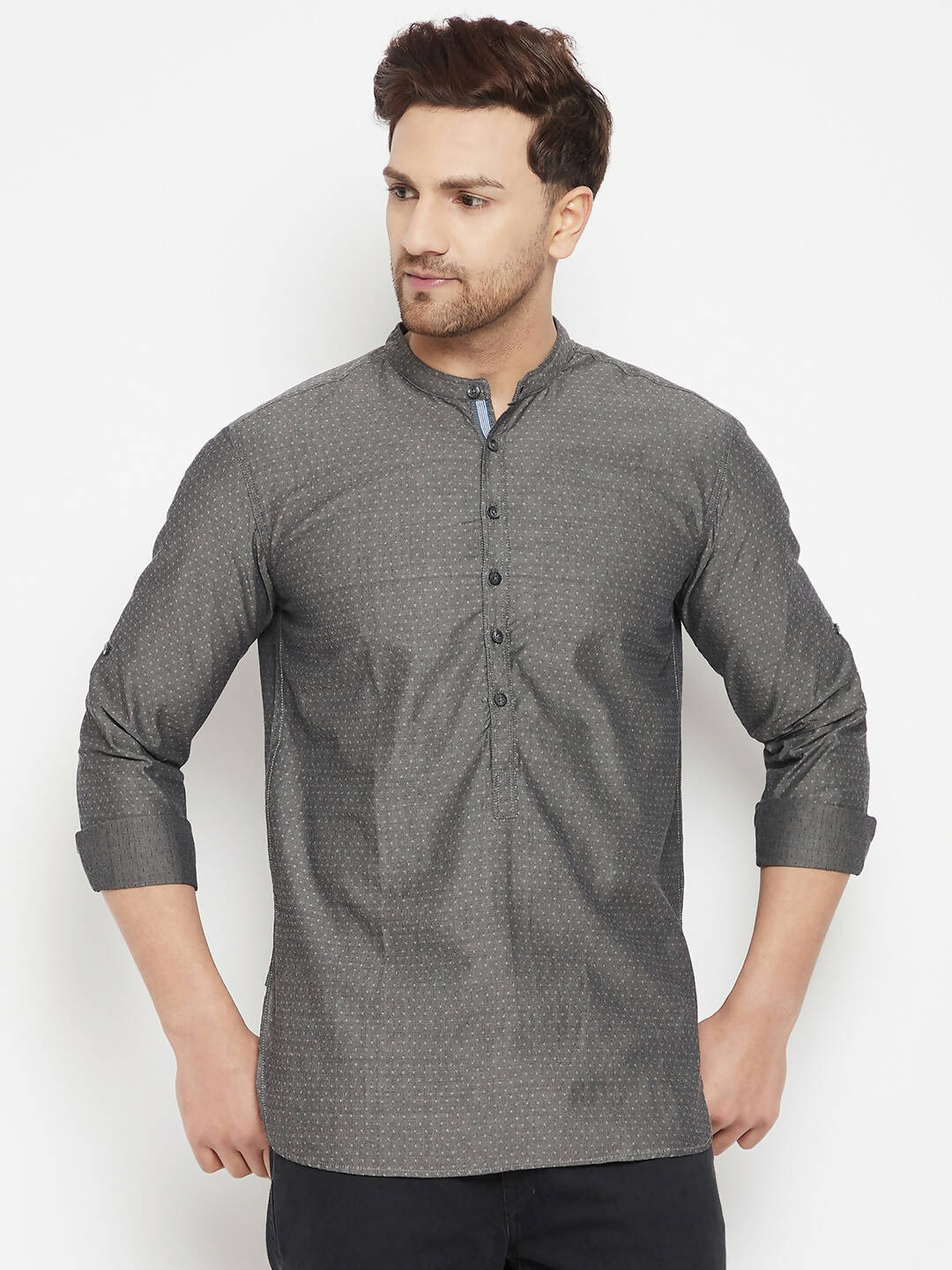 Even Apparels Grey Pure Cotton Short Men's Kurta With Band Collar - Distacart