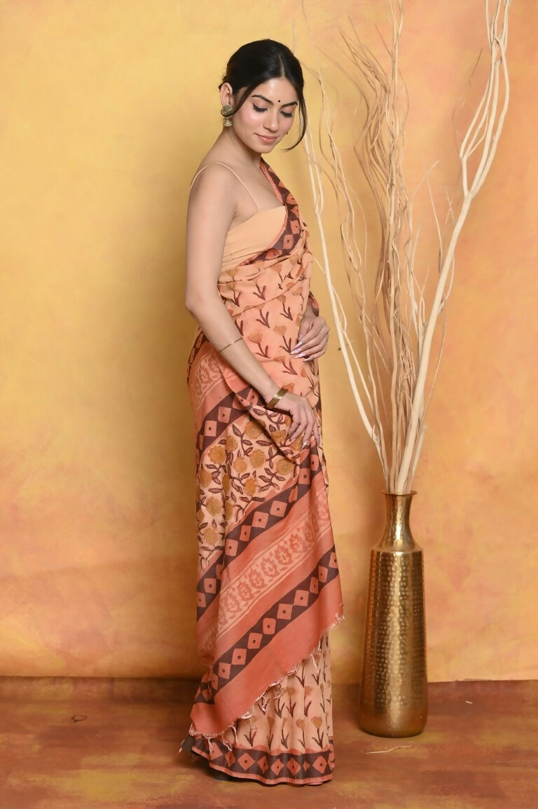 Very Much Indian Designer Modal Silk Saree With With Beautiful Floral Print - Light Orange - Distacart