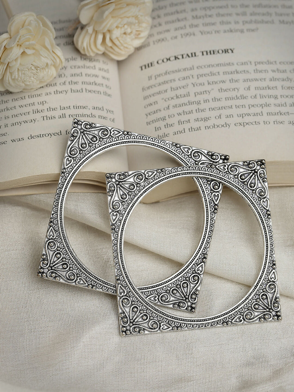 NVR Women's Set of 2 Silver-Toned Oxidized Square Shaped Bangles - Distacart