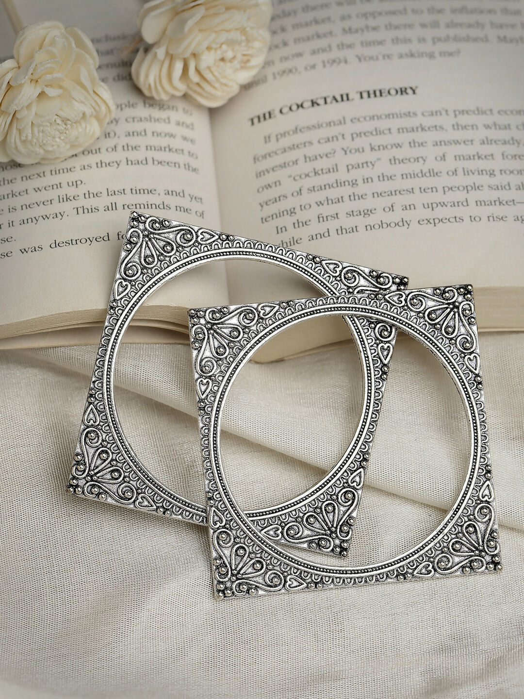 NVR Women's Set of 2 Silver-Toned Oxidized Square Shaped Bangles - Distacart