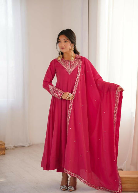 Lehenga Mart Designer Anarkali Suit With Kurta, Pant, Dupatta For Women-Rani Pink