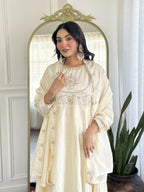 The52 CreamWomen's Gorgeous Embroidered Vichitra Silk Fabric Flared Kurta Pant with Dupatta Set - Distacart