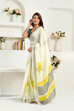 Joban Fashion Off-White Striped Linen Ready To Wear Saree With Unstitched Blouse - Distacart