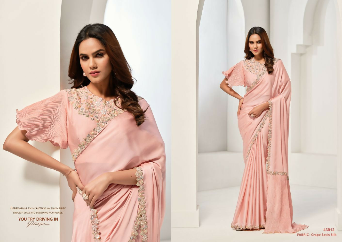 Peach Crepe Satin Silk Sequence & Handwork Saree with Unstitched Blouse - Norita Saanjh